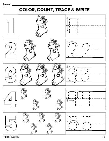 Free printable stocking Christmas coloring page and number tracing worksheet, numbers 1-5 counting worksheet for preschool and pre-k