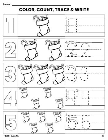 Free printable stocking Christmas coloring page and number tracing worksheet, numbers 1-5 counting worksheet for preschool and pre-k