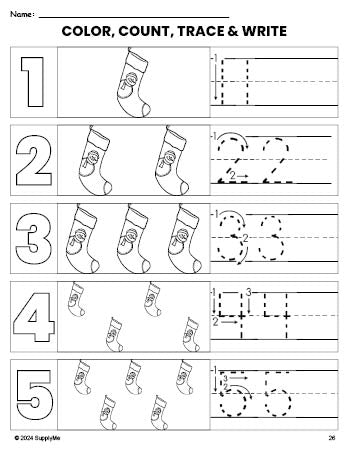 Free printable stocking Christmas coloring page and number tracing worksheet, numbers 1-5 counting worksheet for preschool and pre-k