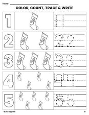 Free printable stocking Christmas coloring page and number tracing worksheet, numbers 1-5 counting worksheet for preschool and pre-k