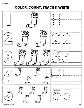 Free printable stocking Christmas coloring page and number tracing worksheet, numbers 1-5 counting worksheet for preschool and pre-k