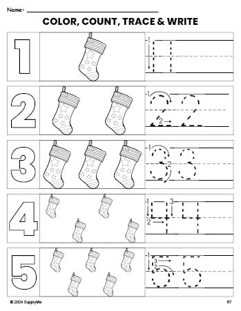 Free printable stocking Christmas coloring page and number tracing worksheet, numbers 1-5 counting worksheet for preschool and pre-k