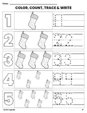 Free printable stocking Christmas coloring page and number tracing worksheet, numbers 1-5 counting worksheet for preschool and pre-k