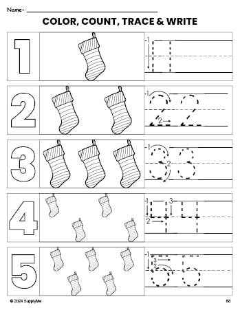 Free printable stocking Christmas coloring page and number tracing worksheet, numbers 1-5 counting worksheet for preschool and pre-k