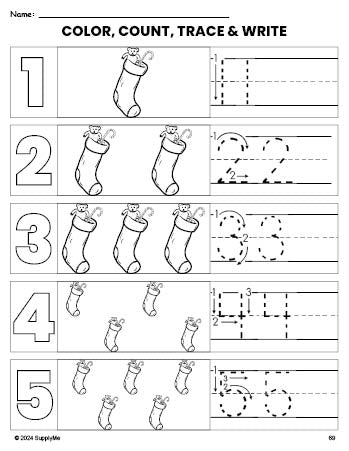 Free printable stocking Christmas coloring page and number tracing worksheet, numbers 1-5 counting worksheet for preschool and pre-k