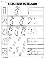 Free printable stocking Christmas coloring page and number tracing worksheet, numbers 1-5 counting worksheet for preschool and pre-k