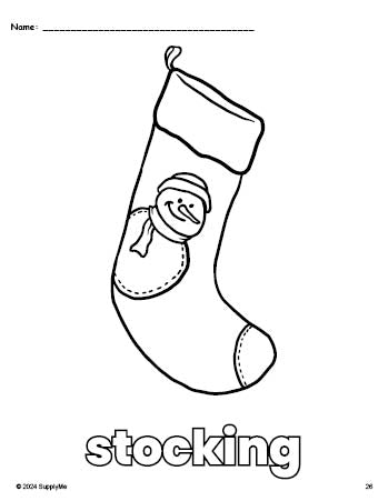 Free printable stocking Christmas coloring page for preschool, pre-k, and kindergarten