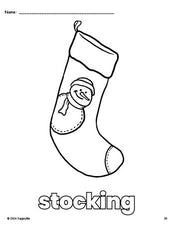 Free printable stocking Christmas coloring page for preschool, pre-k, and kindergarten