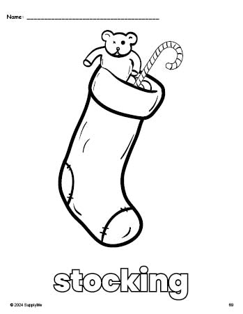 Free printable stocking Christmas coloring page for preschool, pre-k, and kindergarten