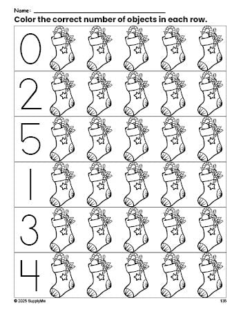 Free printable stocking Christmas count and color worksheet for preschoolers, Christmas coloring page and counting worksheet numbers 0-5, PDF