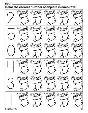 Free printable stocking Christmas count and color worksheet for preschoolers, Christmas coloring page and counting worksheet numbers 0-5, PDF