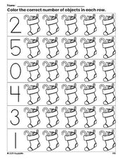 Free printable stocking Christmas count and color worksheet for preschoolers, Christmas coloring page and counting worksheet numbers 0-5, PDF