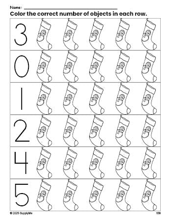 Free printable stocking Christmas count and color worksheet for preschoolers, Christmas coloring page and counting worksheet numbers 0-5, PDF