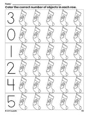 Free printable stocking Christmas count and color worksheet for preschoolers, Christmas coloring page and counting worksheet numbers 0-5, PDF