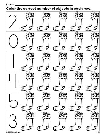 Free printable stocking Christmas count and color worksheet for preschoolers, Christmas coloring page and counting worksheet numbers 0-5, PDF