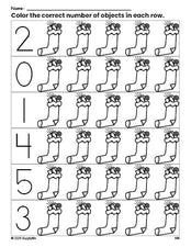 Free printable stocking Christmas count and color worksheet for preschoolers, Christmas coloring page and counting worksheet numbers 0-5, PDF