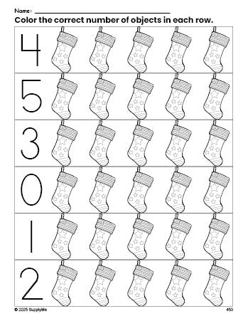 Free printable stocking Christmas count and color worksheet for preschoolers, Christmas coloring page and counting worksheet numbers 0-5, PDF