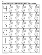 Free printable stocking Christmas count and color worksheet for preschoolers, Christmas coloring page and counting worksheet numbers 0-5, PDF