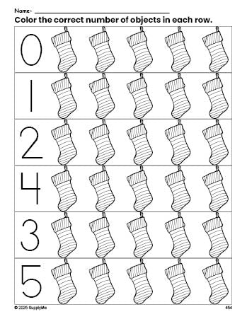 Free printable stocking Christmas count and color worksheet for preschoolers, Christmas coloring page and counting worksheet numbers 0-5, PDF