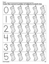 Free printable stocking Christmas count and color worksheet for preschoolers, Christmas coloring page and counting worksheet numbers 0-5, PDF