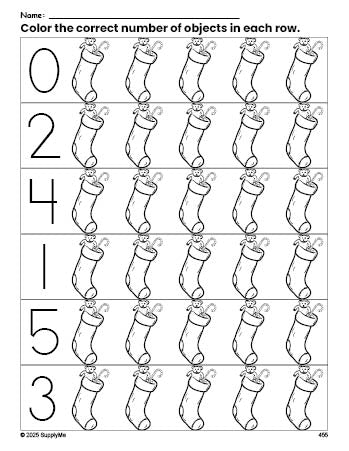 Free printable stocking Christmas count and color worksheet for preschoolers, Christmas coloring page and counting worksheet numbers 0-5, PDF