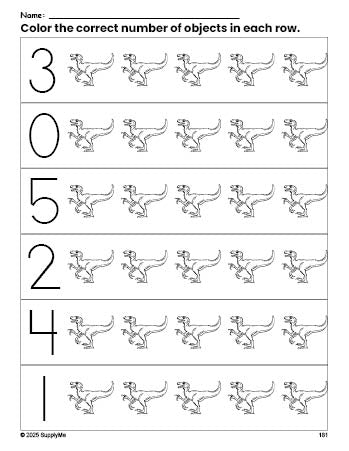 Free printable t-rex count and color worksheet for preschoolers, t-rex coloring page and counting worksheet numbers 0-5, PDF