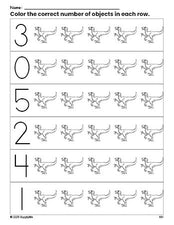 Free printable t-rex count and color worksheet for preschoolers, t-rex coloring page and counting worksheet numbers 0-5, PDF