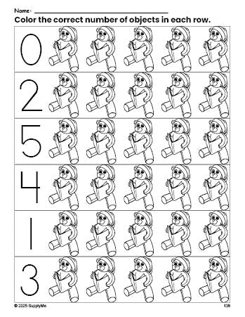 Free printable teddy bear Christmas count and color worksheet for preschoolers, Christmas coloring page and counting worksheet numbers 0-5, PDF