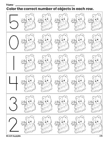 Free printable teddy bear count and color worksheet for preschoolers, teddy bear coloring page and counting worksheet numbers 0-5, PDF