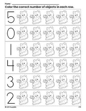 Free printable teddy bear count and color worksheet for preschoolers, teddy bear coloring page and counting worksheet numbers 0-5, PDF