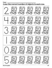 Free printable teddy bear Valentine's Day count and color worksheet for preschoolers, Valentine's Day coloring page and counting worksheet numbers 0-5, PDF