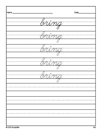 Free third grade sight word cursive tracing worksheet, high frequency word 'bring', fifth 100 fry sight words, Dolch, PDF