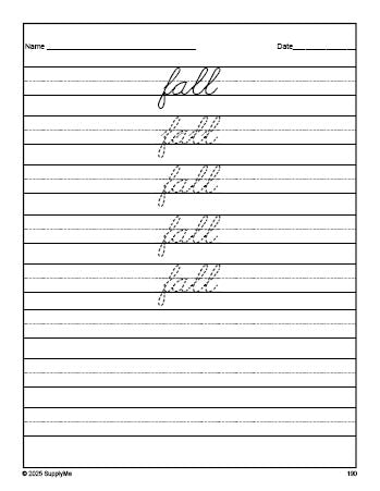 Free third grade sight word cursive tracing worksheet, high frequency word 'fall', fourth 100 fry sight words, Dolch, PDF