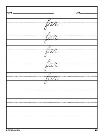 Free third grade sight word cursive tracing worksheet, high frequency word 'far', third 100 fry sight words, Dolch, PDF