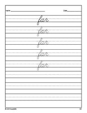 Free third grade sight word cursive tracing worksheet, high frequency word 'far', third 100 fry sight words, Dolch, PDF