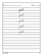 Free third grade sight word cursive tracing worksheet, high frequency word 'got', third 100 fry sight words, Dolch, PDF