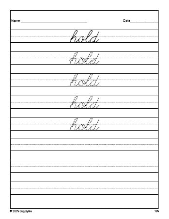 Free third grade sight word cursive tracing worksheet, high frequency word 'hold', fourth 100 fry sight words, Dolch, PDF