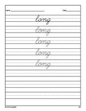 Free third grade sight word cursive tracing worksheet, high frequency word 'long', first 100 fry sight words, Dolch, PDF