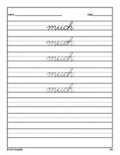 Free third grade sight word cursive tracing worksheet, high frequency word 'much', second 100 fry sight words, Dolch, PDF