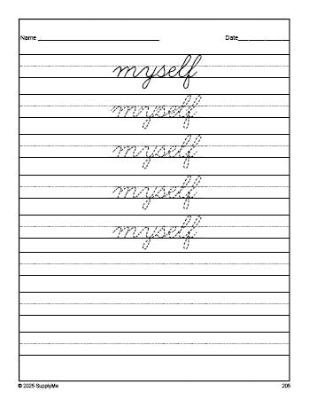 Free third grade sight word cursive tracing worksheet, high frequency word 'myself', Dolch, PDF