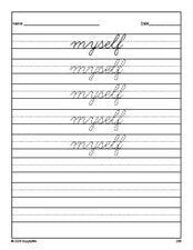 Free third grade sight word cursive tracing worksheet, high frequency word 'myself', Dolch, PDF