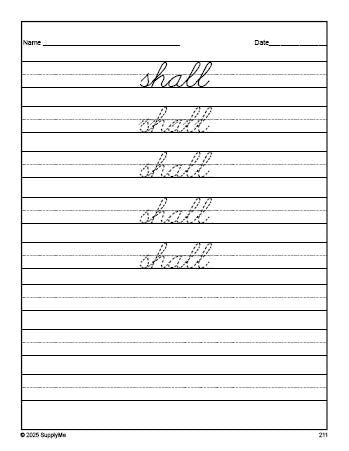 Free third grade sight word cursive tracing worksheet, high frequency word 'shall', sixth 100 fry sight words, Dolch, PDF