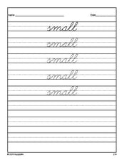 Free third grade sight word cursive tracing worksheet, high frequency word 'small', second 100 fry sight words, Dolch, PDF