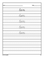 Free third grade sight word cursive tracing worksheet, high frequency word 'ten', fifth 100 fry sight words, Dolch, PDF