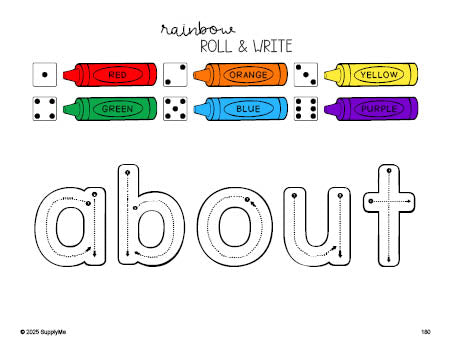 Free third grade worksheet, rainbow roll and write sight word tracing worksheet, beginner sight word for 3rd graders and high frequency word 'about', first 100 fry sight words, Dolch, PDF