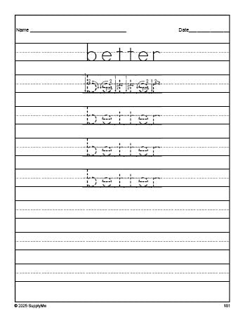 Free third grade sight word tracing worksheet, high frequency word 'better', fourth 100 fry sight words, Dolch, PDF