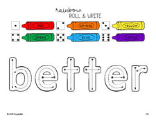 Free third grade worksheet, rainbow roll and write sight word tracing worksheet, beginner sight word for 3rd graders and high frequency word 'better', fourth 100 fry sight words, Dolch, PDF