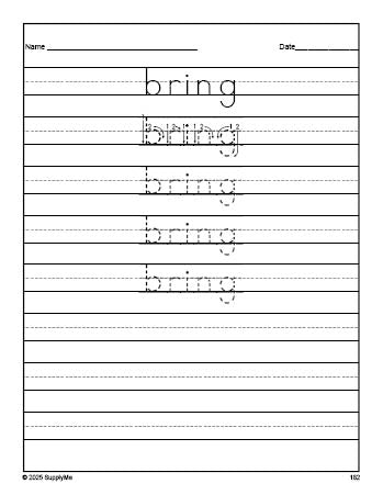 Free third grade sight word tracing worksheet, high frequency word 'bring', fifth 100 fry sight words, Dolch, PDF