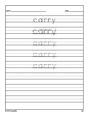 Free third grade sight word tracing worksheet, high frequency word 'carry', third 100 fry sight words, Dolch, PDF