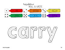 Free third grade worksheet, rainbow roll and write sight word tracing worksheet, beginner sight word for 3rd graders and high frequency word 'carry', third 100 fry sight words, Dolch, PDF